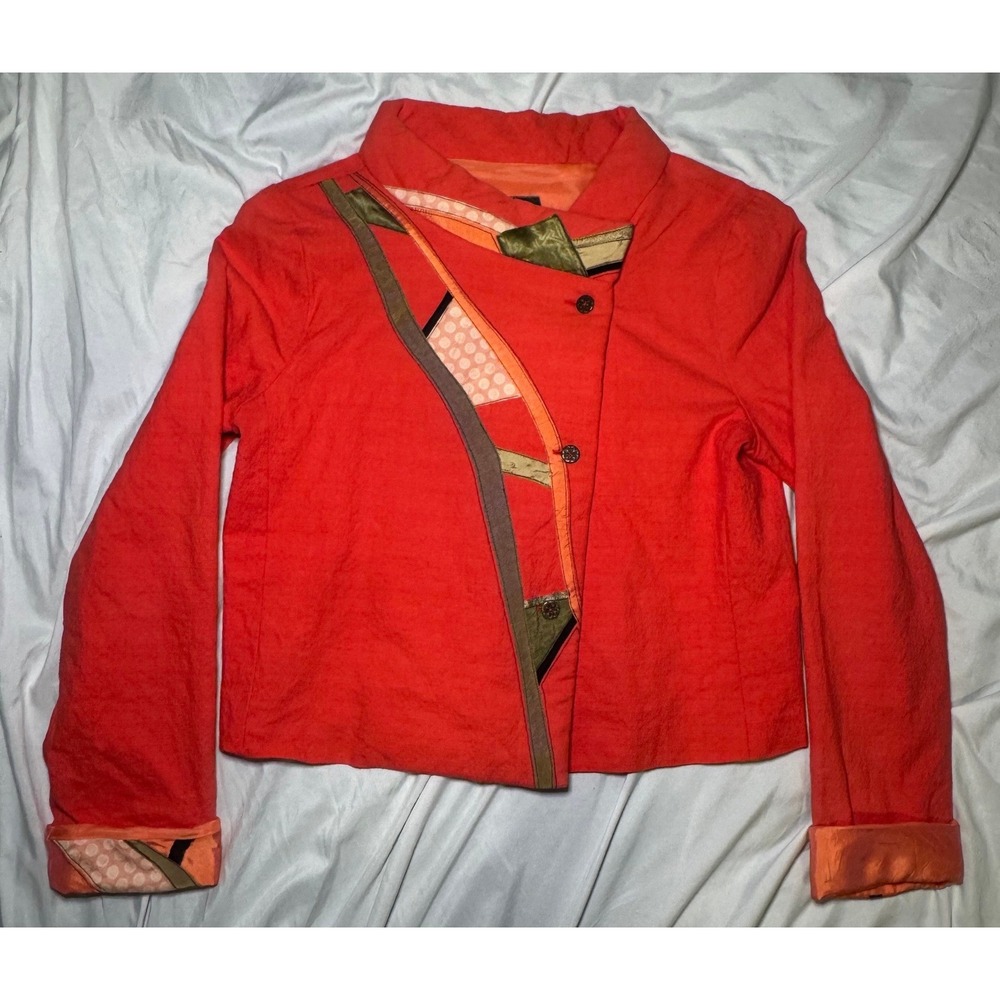 Judee Moonbeam Fibre Art Patchwork Jacket Womens Medium Orange Asymmetrical Boho